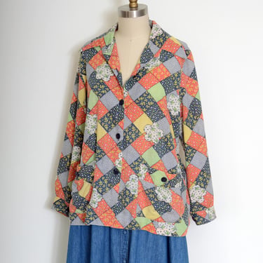 vintage 70s patchwork pattern cotton chore shirt / lightweight button up with patch pockets / garden jacket / medium 