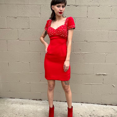 Vintage 90s Red Rhinestone beaded bustier Mini dress XS/S 