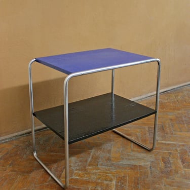 Vintage Marcel Breuer Kovona B12 Bauhaus Console Side End Table Wooden Cobalt Blue Tubular Chrome Decor Modernist Functionalist Minimalist 
