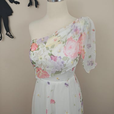 Vintage 1960's White Floral Maxi Dress / 70s Prom Bridal Formal Dress XS 