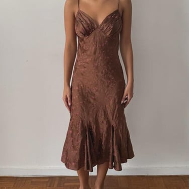BETSEY JOHNSON 1990s -  Brown Silk Embroidered Midi Dress w/ Pink Embroidery 