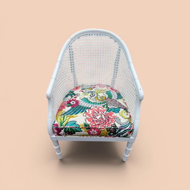 Beautiful vintage cane back barrel chair with faux bamboo details and all new upholstery 