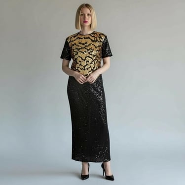 Vintage Lawrence Kazar Leopard Animal Beaded Sequin Silk Black Gold Evening Cocktail Dress NWT 