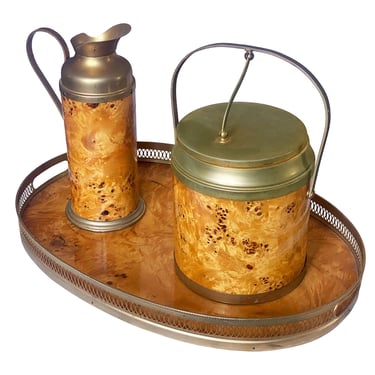 Italian Burl Wood Ice Bucket, Carafe, & Tray Bar Set, in Milo Baughman Style 