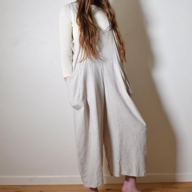Vintage 1990s NEUTRAL Woven LINEN Minimalist FLAX Ultra Draped Chic Avant Garde Artist Work Wear Utilitarian  Resort Jumpsuit Overalls 
