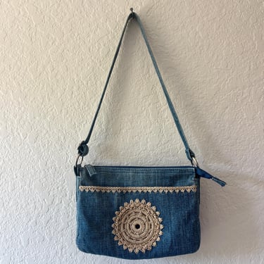 Y2K Xhilaration Denim Purse Vintage Denim Macrame Purse Y2K Denim Purse Vintage Xhilaration Denim Embroidered Boho Purse 