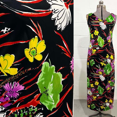 Vintage Mod Maxi Dress Funky Abstract Floral Black Minx TV Movie Costume Colorful Psychedelic Hostess Gown Twiggy Sleeveless 1970s Small 