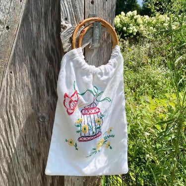 Embroidered upcycled one of a kind handbag with bamboo handles / vintage boho tote bag 