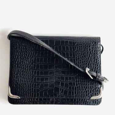 Vintage Ralph Lauren black croc embossed leather flap clutch or shoulder bag purse w sterling silver hardware 