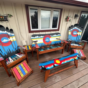Outdoor Patio Set of 6- Includes: 1 large SB mural bench, 1 Single Snowboard Bench, 2 Mural Painted chairs, 2 matching ottomans- pick colors 