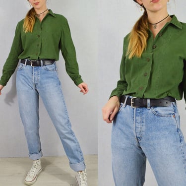 Vintage Swedish Smock Shirts - 1980s Button Down Collared Blouse - Soft Worn In Cotton - Green 