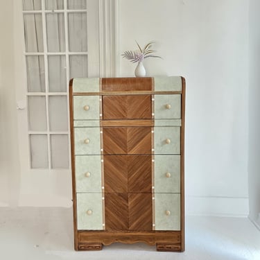 vintage art deco dresser,  chest of drawers. curvy dresser, sage green dresser, 1930s dresser,  slim dresser NJ nyc 