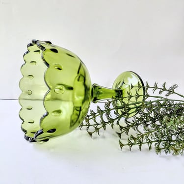 Vintage Avocado Green Indiana Glass Compote Bowl Pillar Candle Holder: Garland Teardrop Design 