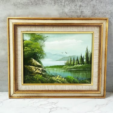 Vintage Forest Lake Landscape Oil Painting - Signed Artwork in Gold Wood Frame 