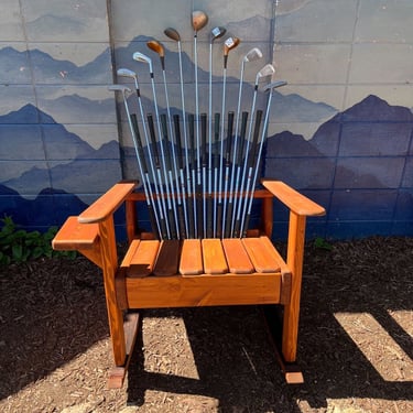 Adirondack Golf Club Rocking Chairs -Deluxe with cupholder, Golf Inspired Lawn Chairs, Outdoor Patio Chair, Sports Furniture, Repurposed 