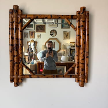 Vintage Coastal Organic Bamboo and Leather Wall Mirror with Tortoise Shell Finish 