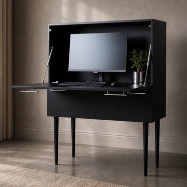 Dual-Opening Secretary Desk in Black & Chrome – Mid Century Inspired Pull-Down Workstation with Storage, Obsidian 