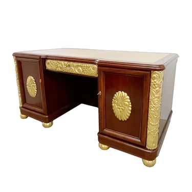 1920s French Art Deco Leather Writing Top Giltwood Carving Rosewood Desk