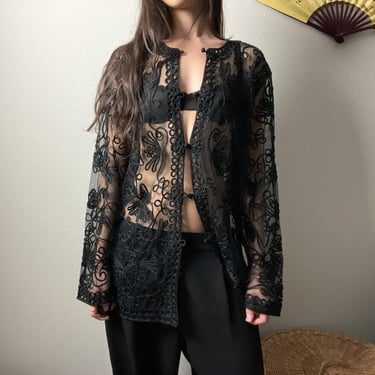 vintage black sheer embroidered asian minimalist frog closure jacket top blouse 