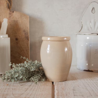 Antique French Glazed Beige Stoneware Mustard Pot 