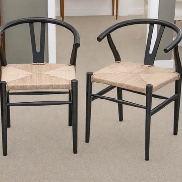 Pair of Reproduction Wishbone Dining Chairs in Black with Rush Seats