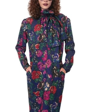 Vintage 1980s UNGARO Sac Dress Dark Floral Print Wool w/Sash Necktie / M 