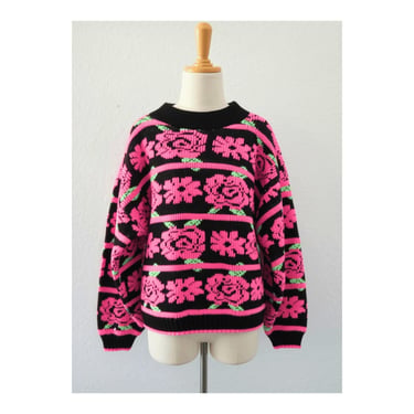 Vintage Girls Rose Knit Pullover Sweater - 90s Retro Novelty Floral Design 