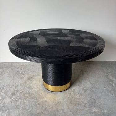 1970s Gabriella Crespi–Style Black Painted Pencil Reed Rattan Round Dining Table with Brass Base 