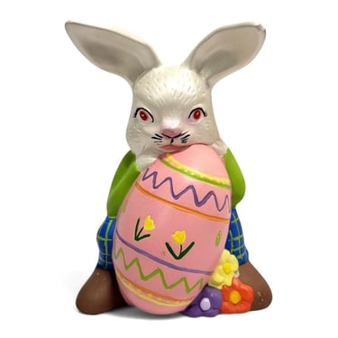Vintage Ceramic Bunny Figurine, Pink Decorated Easter Egg, Spring Home Decor 1980s 