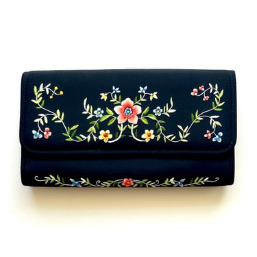 Vintage Rose Boho Black Clutch Asian Silk Embroidered Floral Handbag Art Deco Purse Evening Bag 