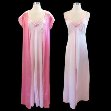 Vintage 70s Pink Peignoir Set M Medium Coquette Maxi Nightgown Robe Nylon Negligee Sheer Slip Dress Cottagecore Loungewear Boudoir Lingerie 