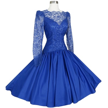 Vintage 80s Blue Lace Prom Party Dress M Medium Long Sleeve Hi Lo Full Skirt Fishtail Royal Princess Queen Dance Costume Formal High Low 