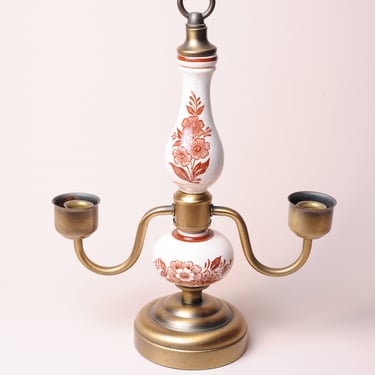 Vintage Brown and Cream Ceramic and Brass Floral Candelabra 