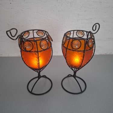 Vintage Pair of Orange Rawhide Candle Lanterns, Hand-Stitched Metal Tealight Holders, Amber Boho Table Decor 