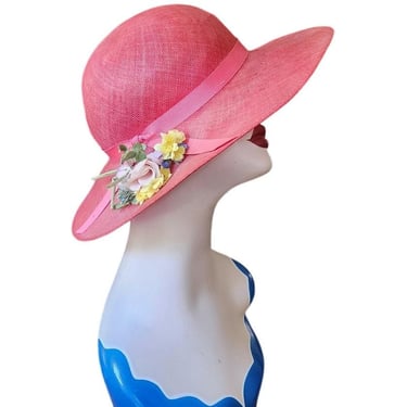 Vintage 90s Herbert Johnson Hat Pink Straw Wide Brim Floral Summer Sunhat 