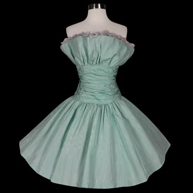 Vintage 80s Seafoam Blue Green Moire White Lace Strapless Ruffle Crumb Catcher Shelf Bust Full Skirt Prom Party Dress M Medium Evening Queen 