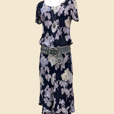 Vintage Floral Maxi Dress 1990s Retro Womens Size 4 Petite + Preppy + Carole Little + Navy Blue + Flowers + Cap Sleeves + Ruffle Bottom Hem 