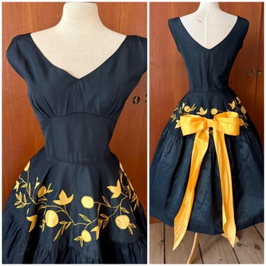 Waist 29.1” True vintage 1950s black / yellow taffeta cocktail dress! 