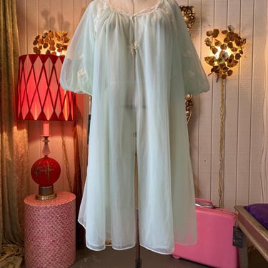 vintage 1950s sheer chiffon peignoir robe, mint green, puff sleeve dressing gown 