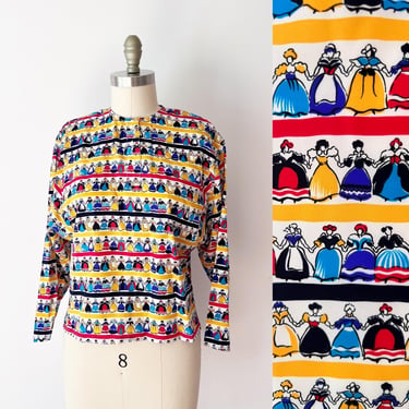 SIZE S 1980s Novelty Print Blouse Ladies Holding Hands / 80s Dolman Sleeve Unique Polyester Blouse / Peasant Historical Dress Funky 