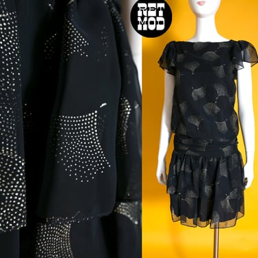 Unique Vintage 70s 80s does the 20s Black Silver Glitter Fan Patterned Drop Waist Ruffle Party Dress 