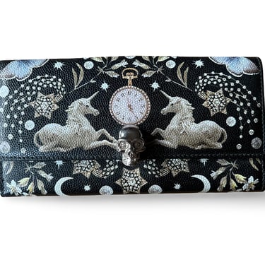 ALEXANDER MCQUEEN Nocturnal Print Calf Leather Skull Wallet Clutch Bag 