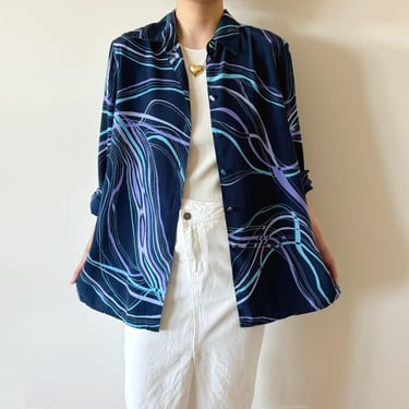 vintage blouse vintage shirt vintage top blue abstract 90s retro vintage style silky shirt summer secretary blouse button down size L 