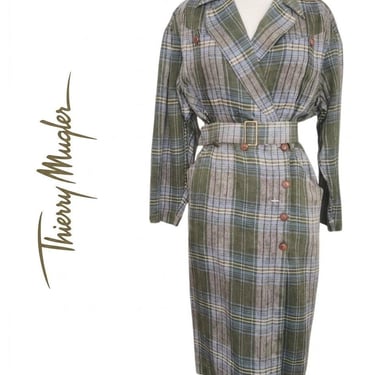 Vintage 1980s Thierry Mugler Dress Plaid Linen Wrap Style w/ Hidden Long Fringe M 
