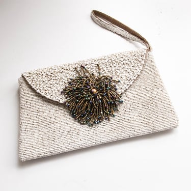 1990s Envelop Clutch Purse Beaded Embellished Cocktail Wristlet Bag 