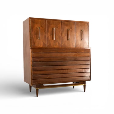 American of Martinsville Dania Collection Vintage Mid Century Modern Highboy Dresser with Doors c. 1960s 