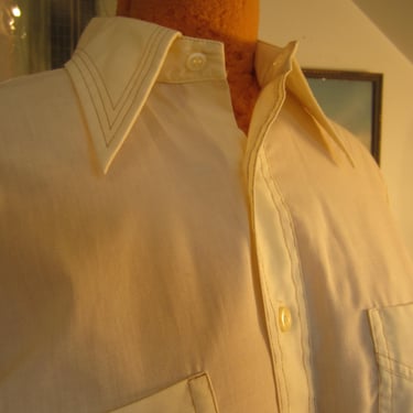 1970's Shirt, Unisex Cotton/ Poly ,40 inch Bust/ Chest, Wing Collar, Ivory With Brown Stitching, Mint Condition 