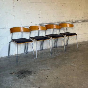 Oak Stacking Chairs Set of 4 Mid-Century Modern 1970s 
