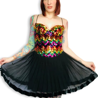Vintage 1980's Rainbow Sequin Striped Zig Zag Bustier Fit N Flare Dress by David Howard - CLIMAX - Karen Okada - size Small Medium 