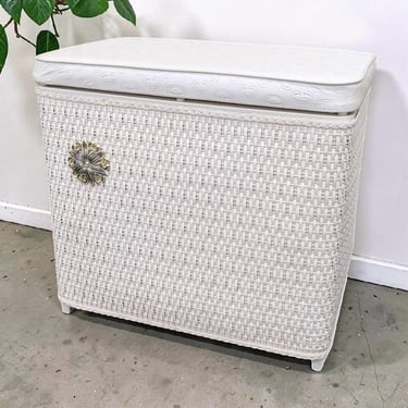 Vintage Clothing Hamper Retro 1960s Mid-Century Modern + Harvey MFG + Starburst + Off White Wicker + Vinyl Top + MCM Clothes Storage Bin 